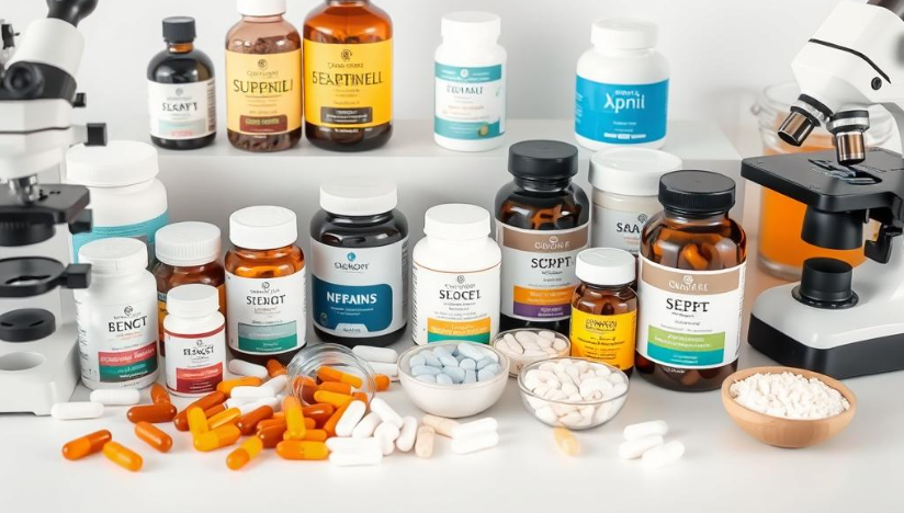 Various supplements for healthy aging displayed with scientific equipment