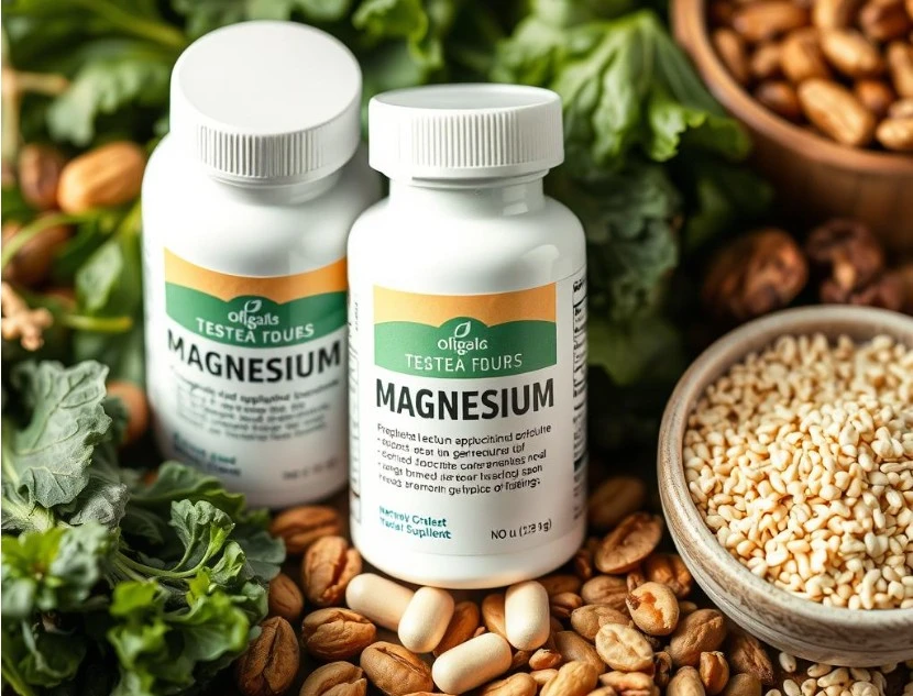 Magnesium supplements with natural food sources like leafy greens and nuts